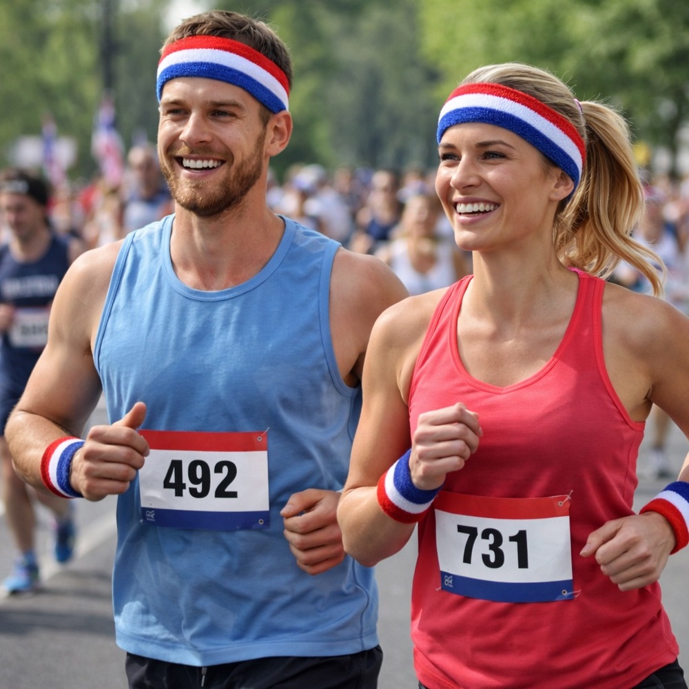 Set of 2 Red White Blue Sweatband Sets-Headband + Wristbands-Patriotic Athletic